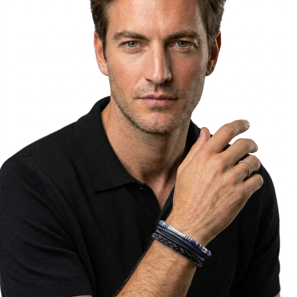 Tateossian men's bracelets stacked on model's wrist