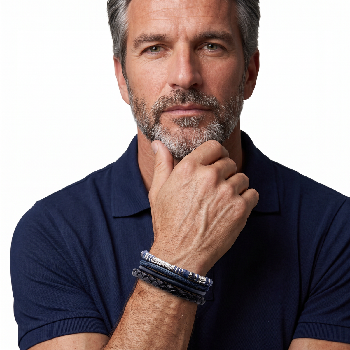 Tateossian men's bracelets stacked on model's wrist