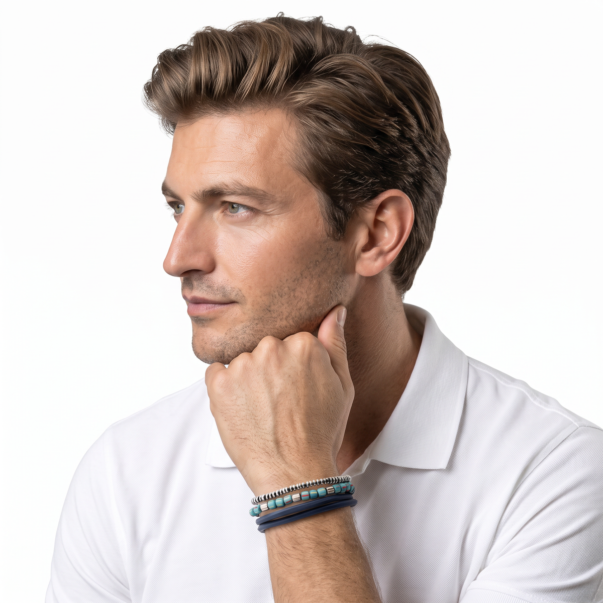 Tateossian men's bracelets stacked on model's wrist