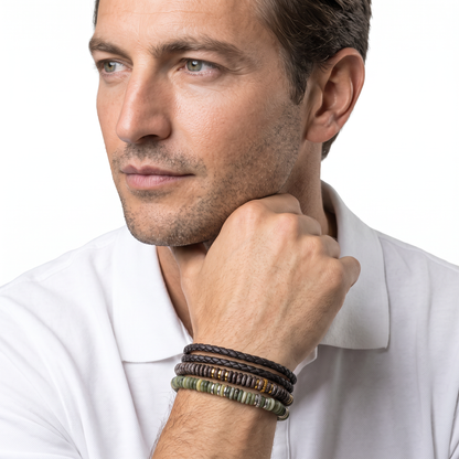 Tateossian men's bracelets stacked on model's wrist