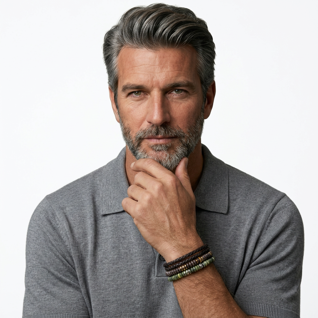 Tateossian men's bracelets stacked on model's wrist