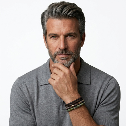 Tateossian men's bracelets stacked on model's wrist
