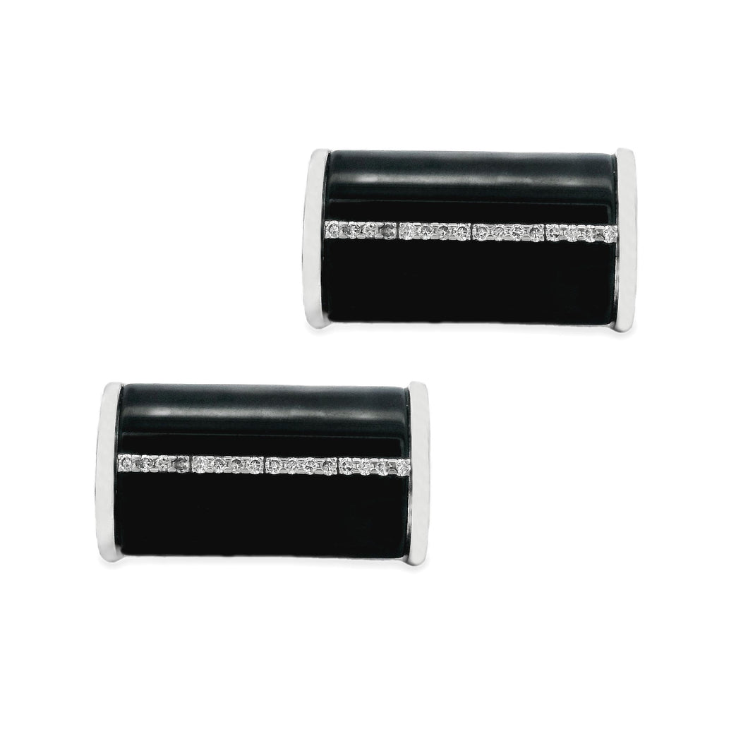 18k white gold diamond and onyx cuff links by Tateossian. 
The fron...