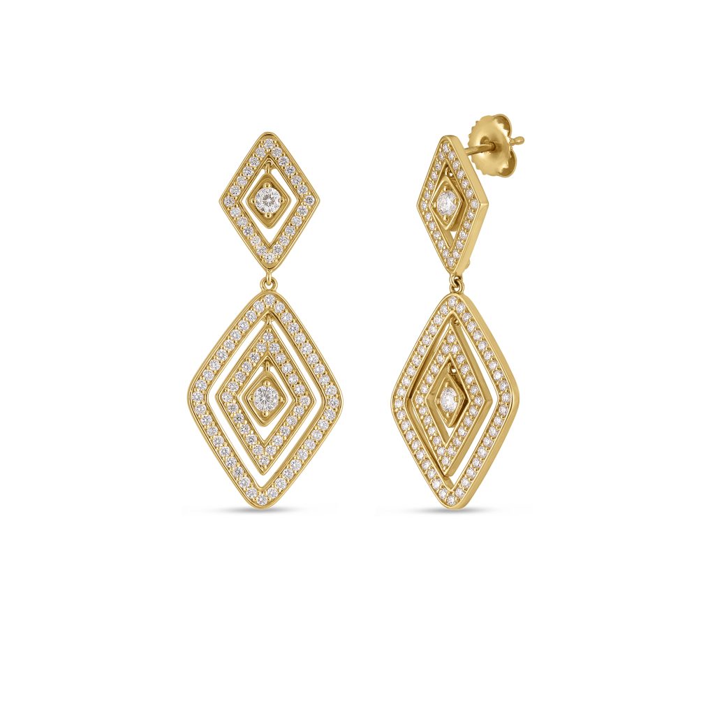 18k yellow gold earrings from Roberto Coin. Round brilliant cut dia...