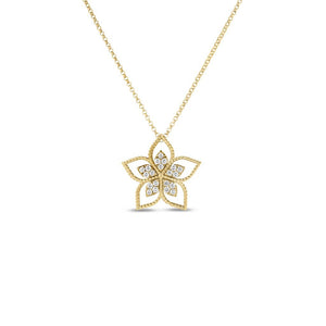 
18k Yellow Gold Vernazza Medium Open Frame Diamond Flower Necklace...