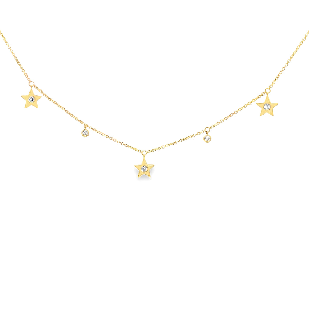 This 14k yellow gold necklace features alternating stars with round...