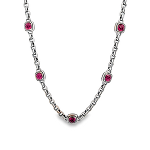 Estate piece: Sterling silver necklace with rhodolite stones. 
Neck...