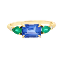 14k Yellow Gold Diamond, Emerald & Tanzanite Ring
