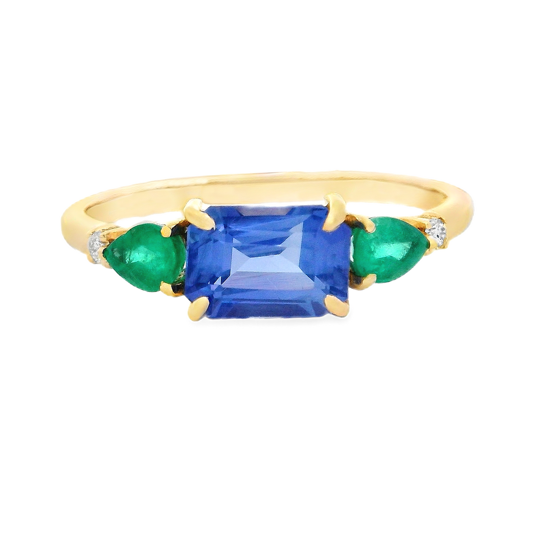 14k Yellow Gold Diamond, Emerald & Tanzanite Ring
