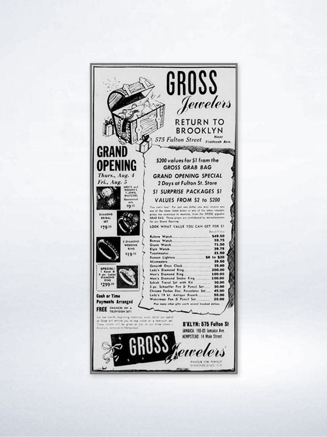 Newspaper advertisement for the new Brooklyn store, 1949.