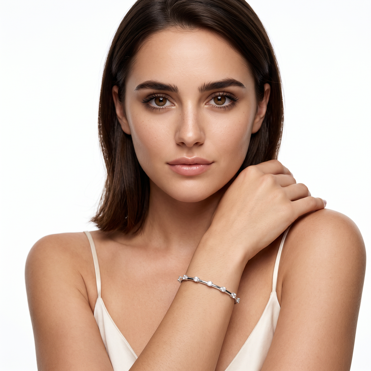170-4225 1.35ct 18k White Gold Diamond Station Bangle worn on model