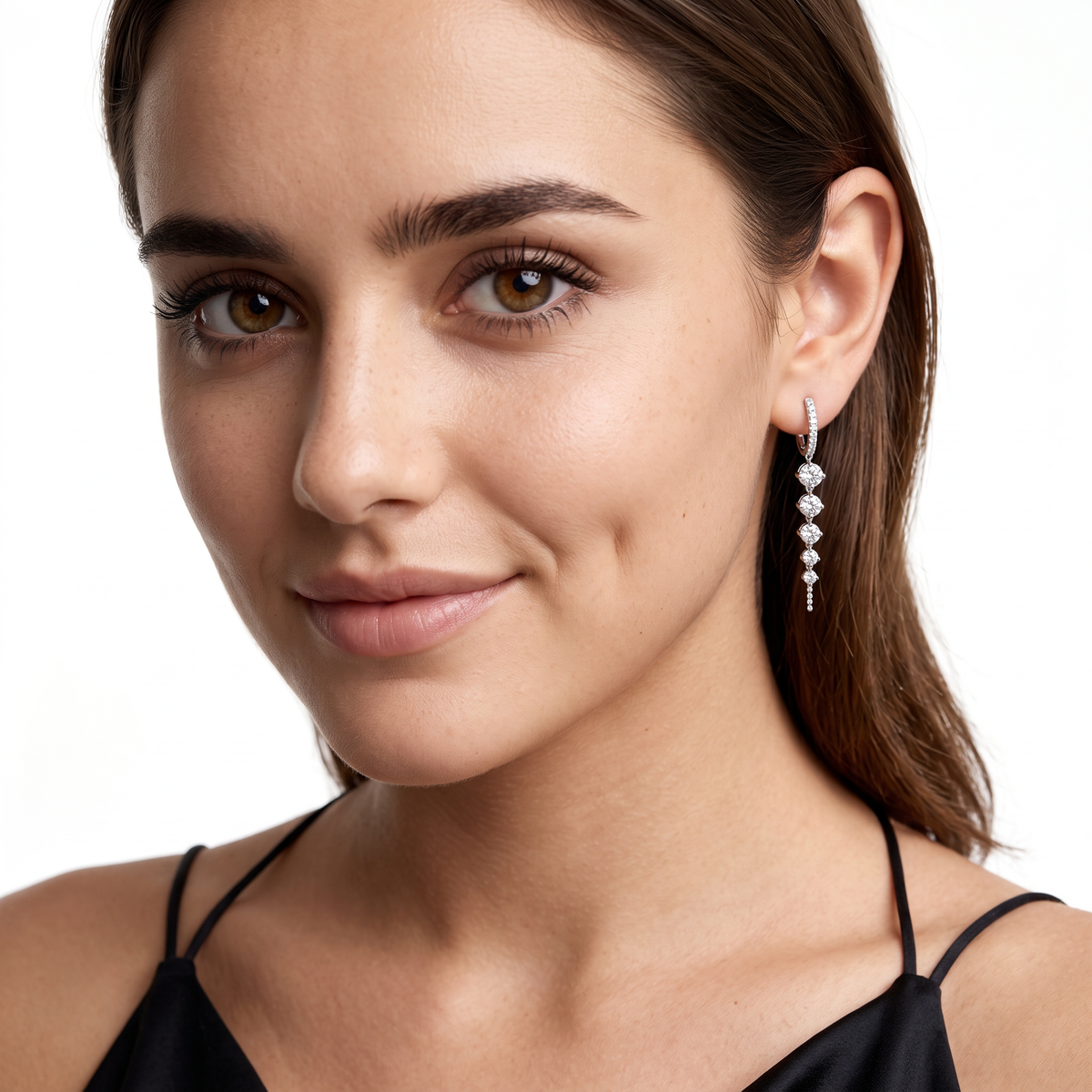 150-6622 3.00ct 18k White Gold Diamond Drop Earrings worn on model