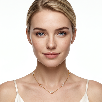 165-1893 1.26ct 18k Yellow Gold Diamond Oval Link Necklace worn on model