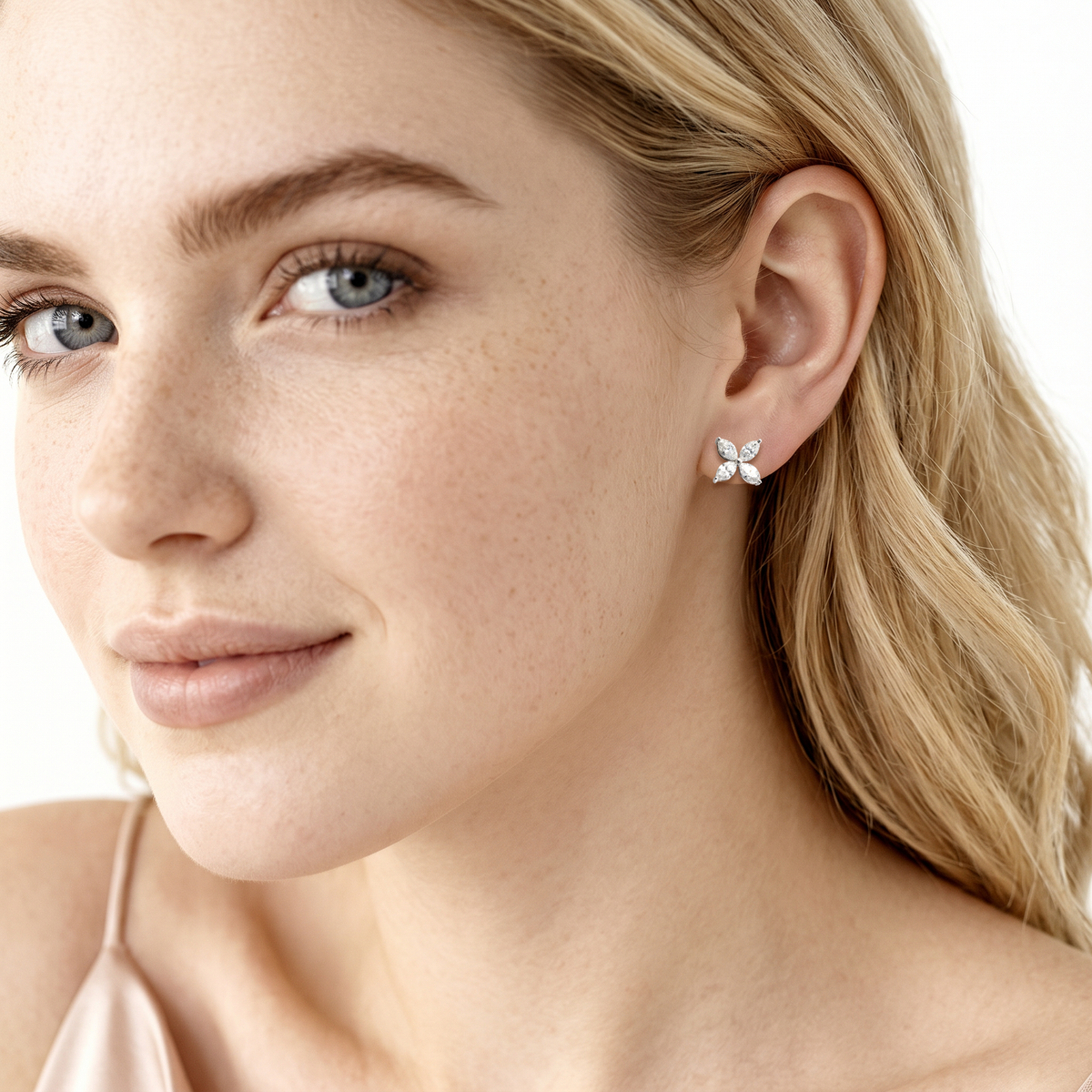 150-6615 1.57ct 18k White Gold Diamond Flower Cluster Earrings worn on model