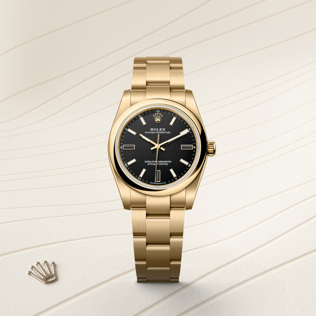 Rolex Oyster Perpetual in 18 ct yellow gold, M124208-0001 - H.L. Gross Jewelers