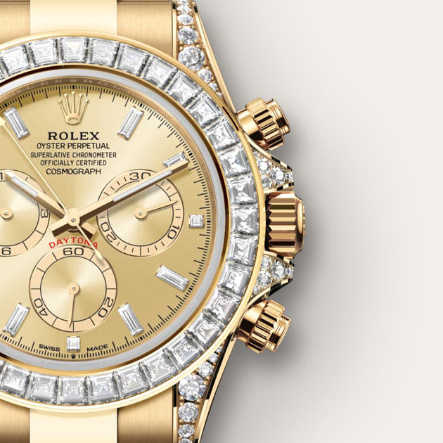 Rolex Cosmograph Daytona in 18 ct yellow gold with lugs set with diamonds, m126598tbr-0001 - H.L. Gross Jewelers