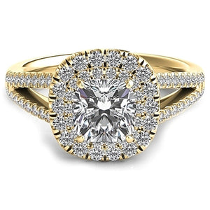 Double Row Cushion Halo Split Shank Engagement Ring
