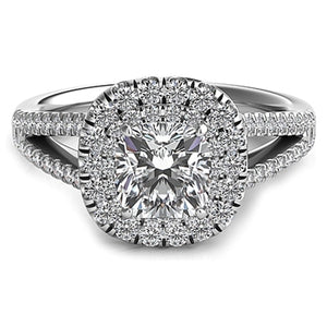 Double Row Cushion Halo Split Shank Engagement Ring