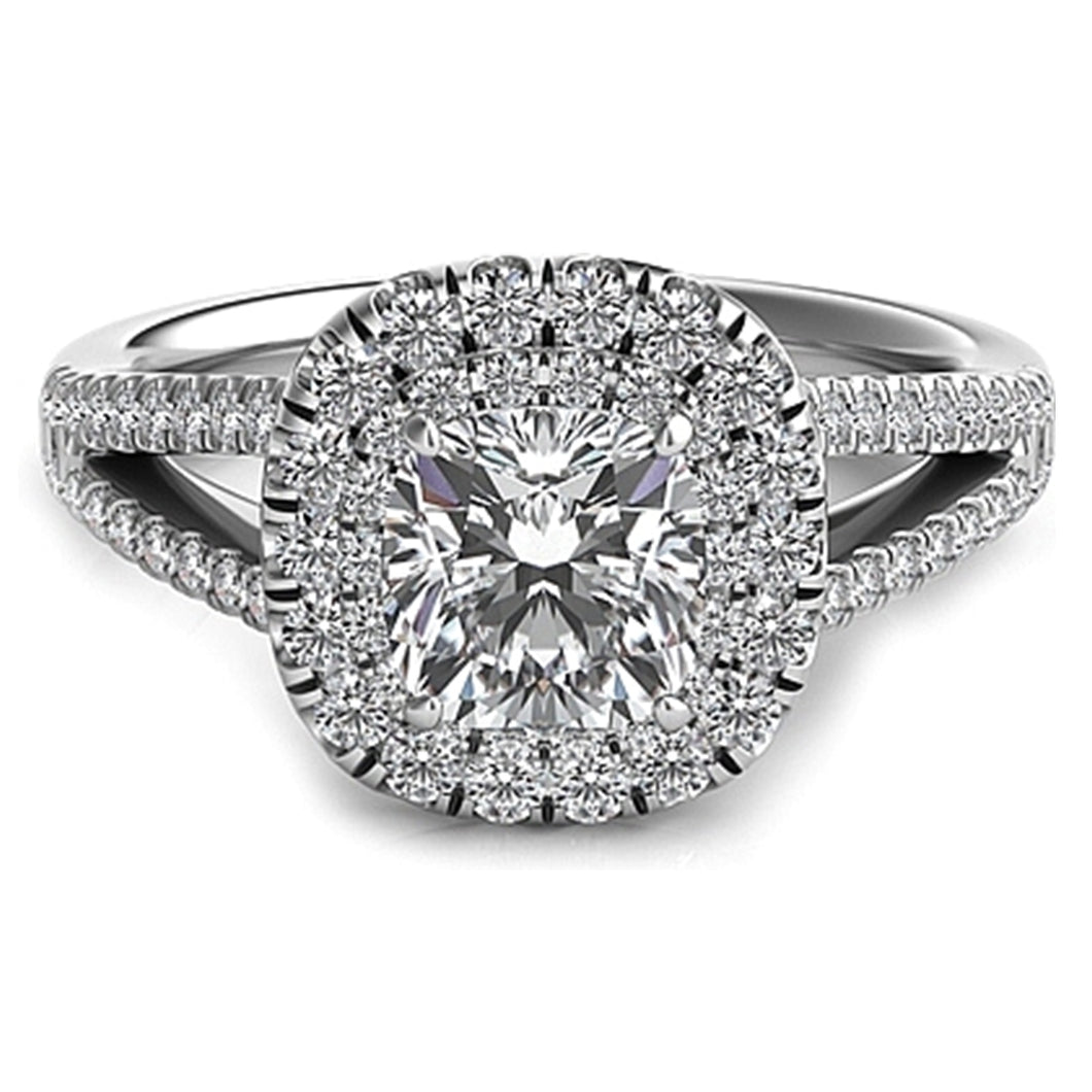 Double Row Cushion Halo Split Shank Engagement Ring