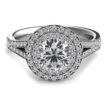 Double Row Round Halo Split Shank Engagement Ring