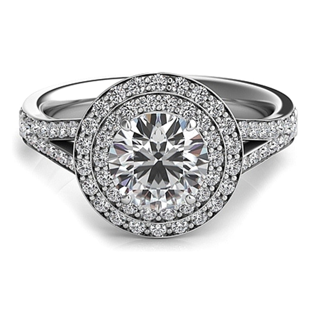 Double Row Round Halo Split Shank Engagement Ring