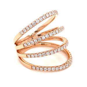 This unique 18k rose gold ring features cage style open bands and p...