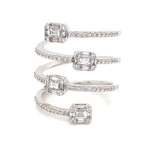 This multi tiered caged ring features baguette and pave set diamond...