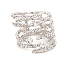 This modern open band, cage style ring features pear shape and pave...