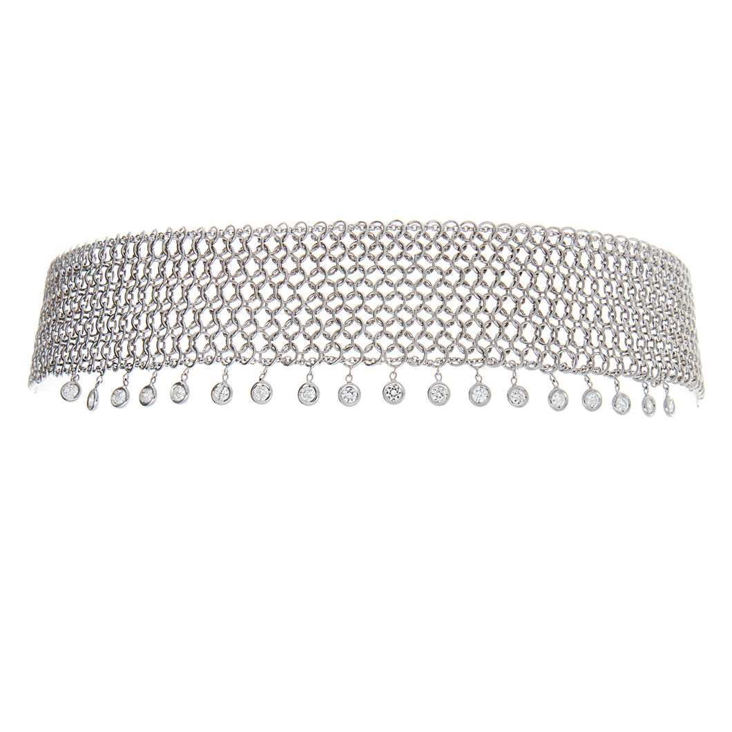 This 18k white gold, chainmail style choker features drop bezel dia...