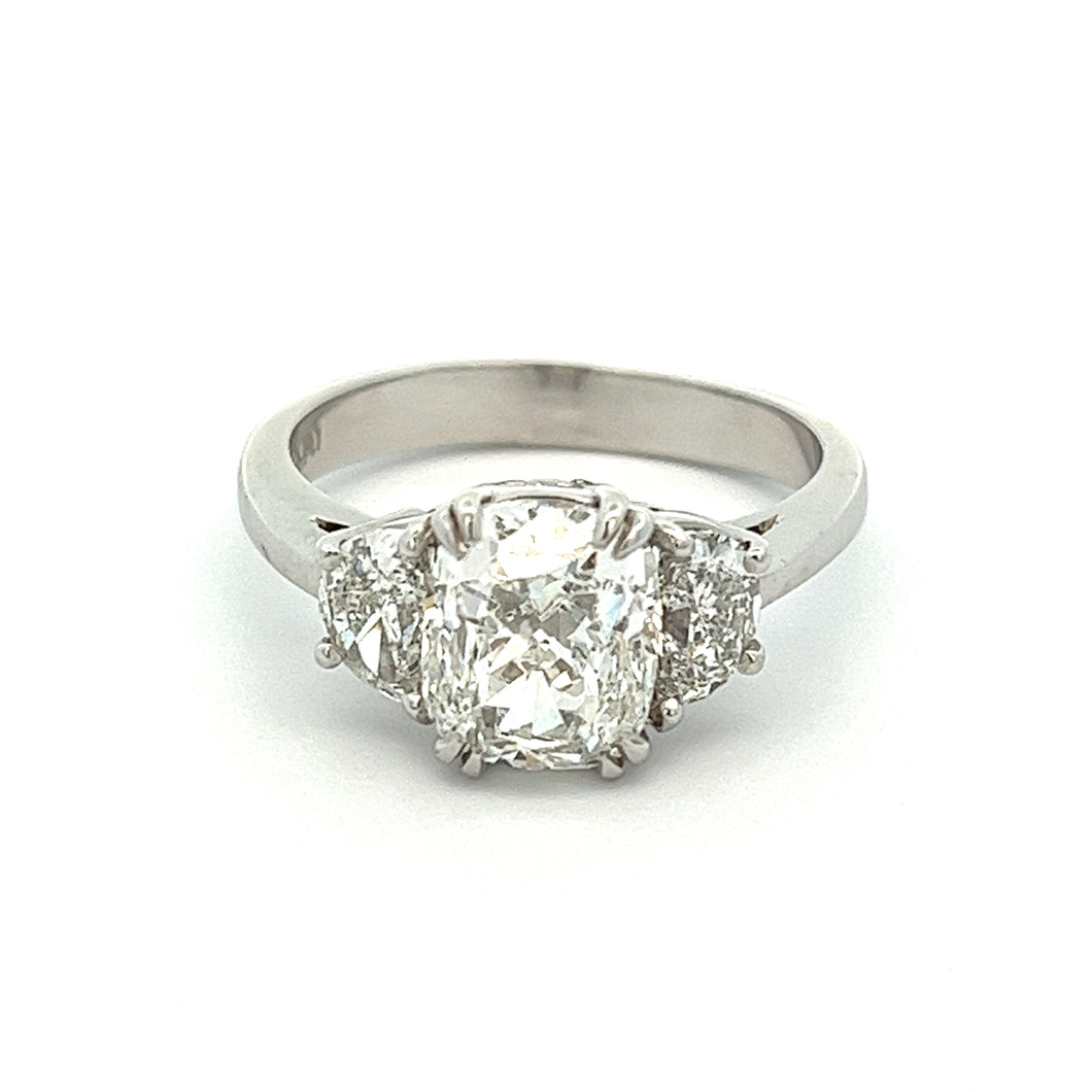 2.96ct Three Stone Cushion Cut Platinum Diamond Engagement Ring
