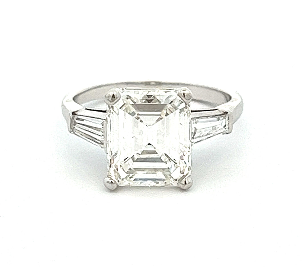 4.28ct Three Stone Emerald Cut Platinum Diamond Engagement Ring