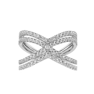This X ring features pave set round brilliant cut diamonds that tot...
