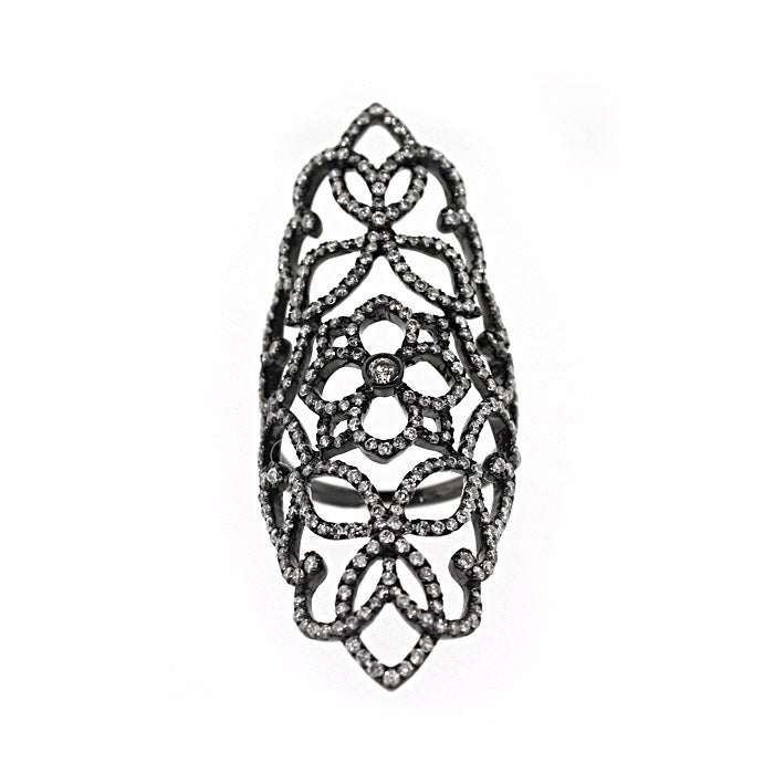 18k White Gold & Black Rhodium Diamond Floral Statement filigree Ring