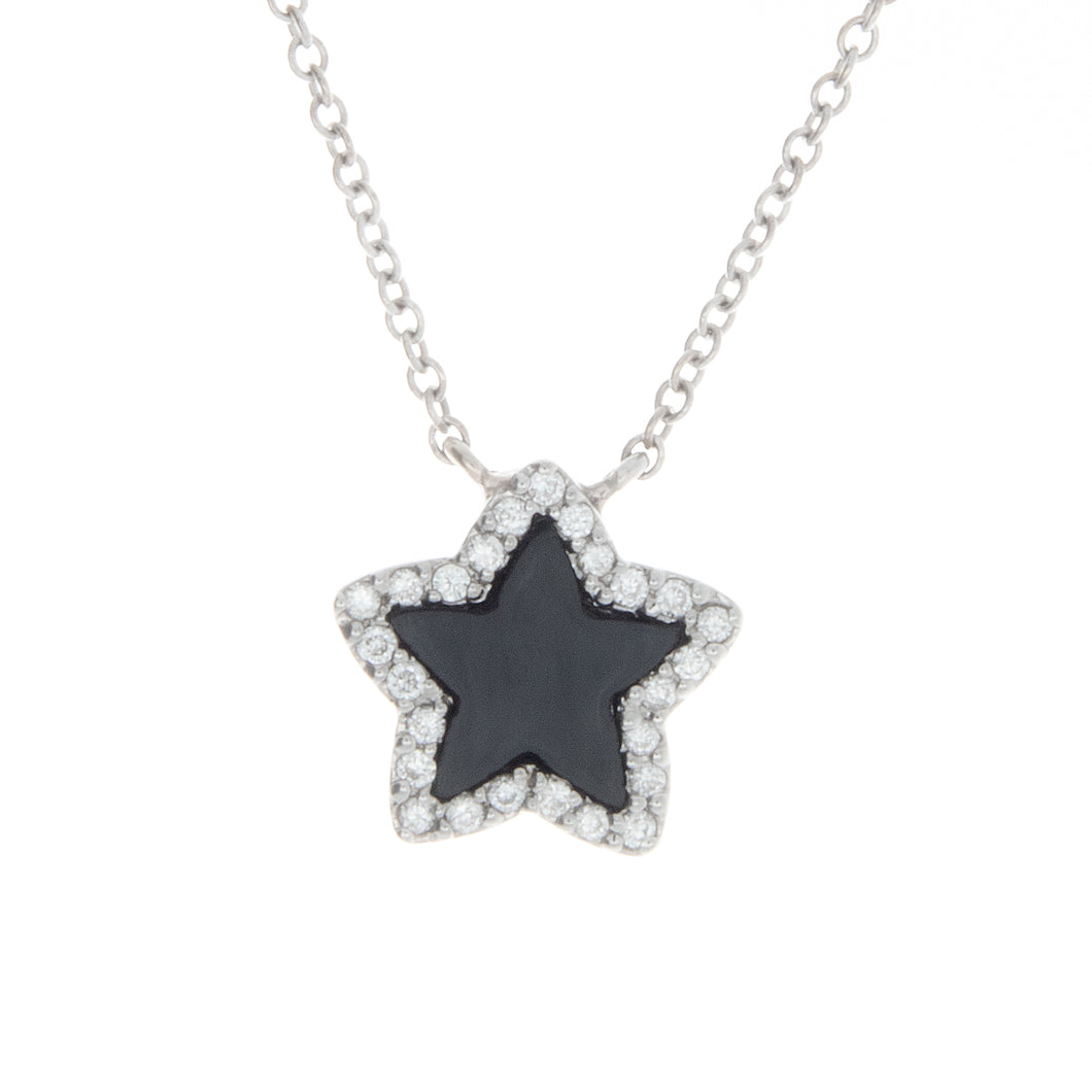 Features diamonds around star pendant. available in black and blue.