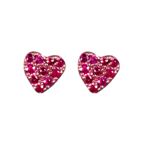 mini heart shaped stud earrings with pave set rubies