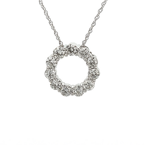 This 14k white gold necklace features a circle pendant with round b...