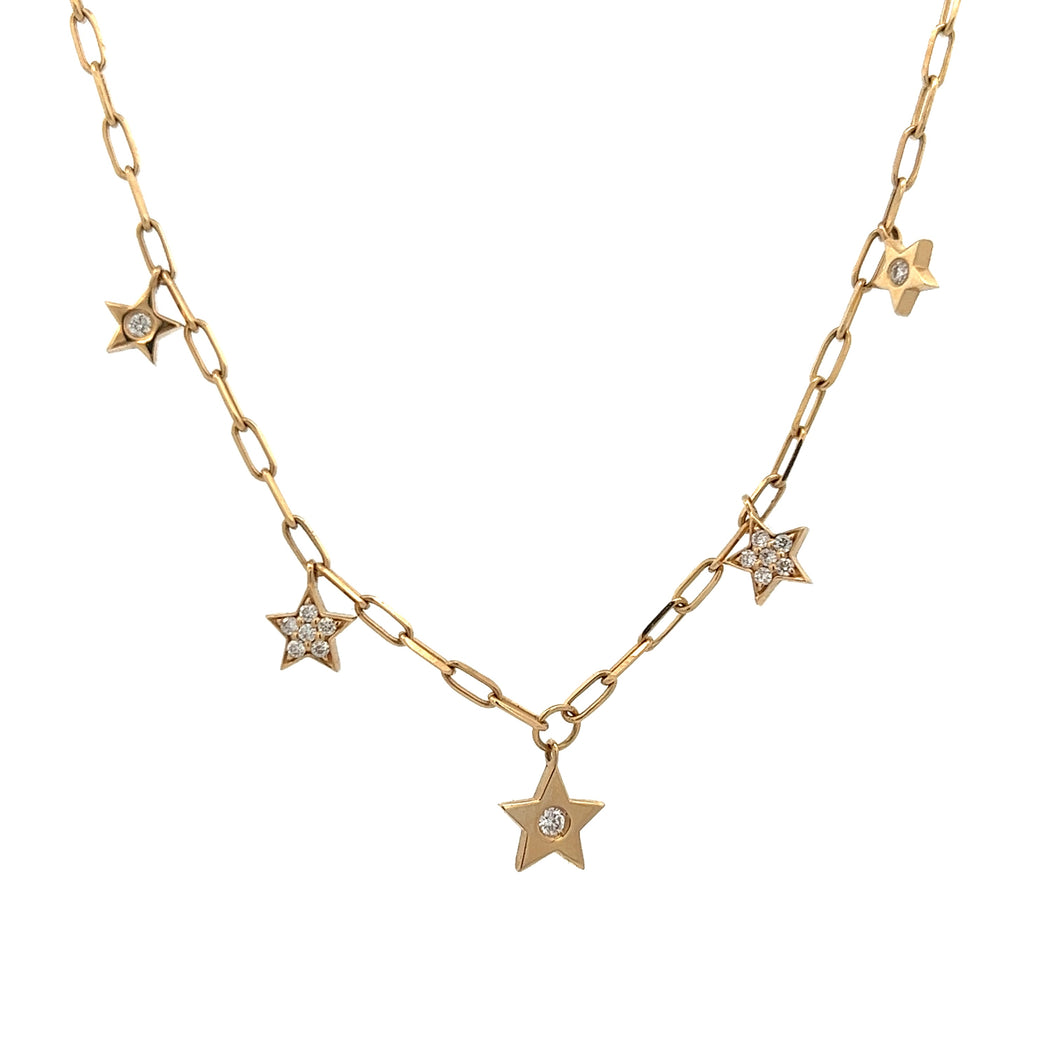 This 14k yellow gold link necklace features 5 stars with diamonds t...