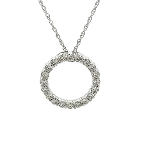 A circle pendant on a 14k white gold chain features round brilliant...