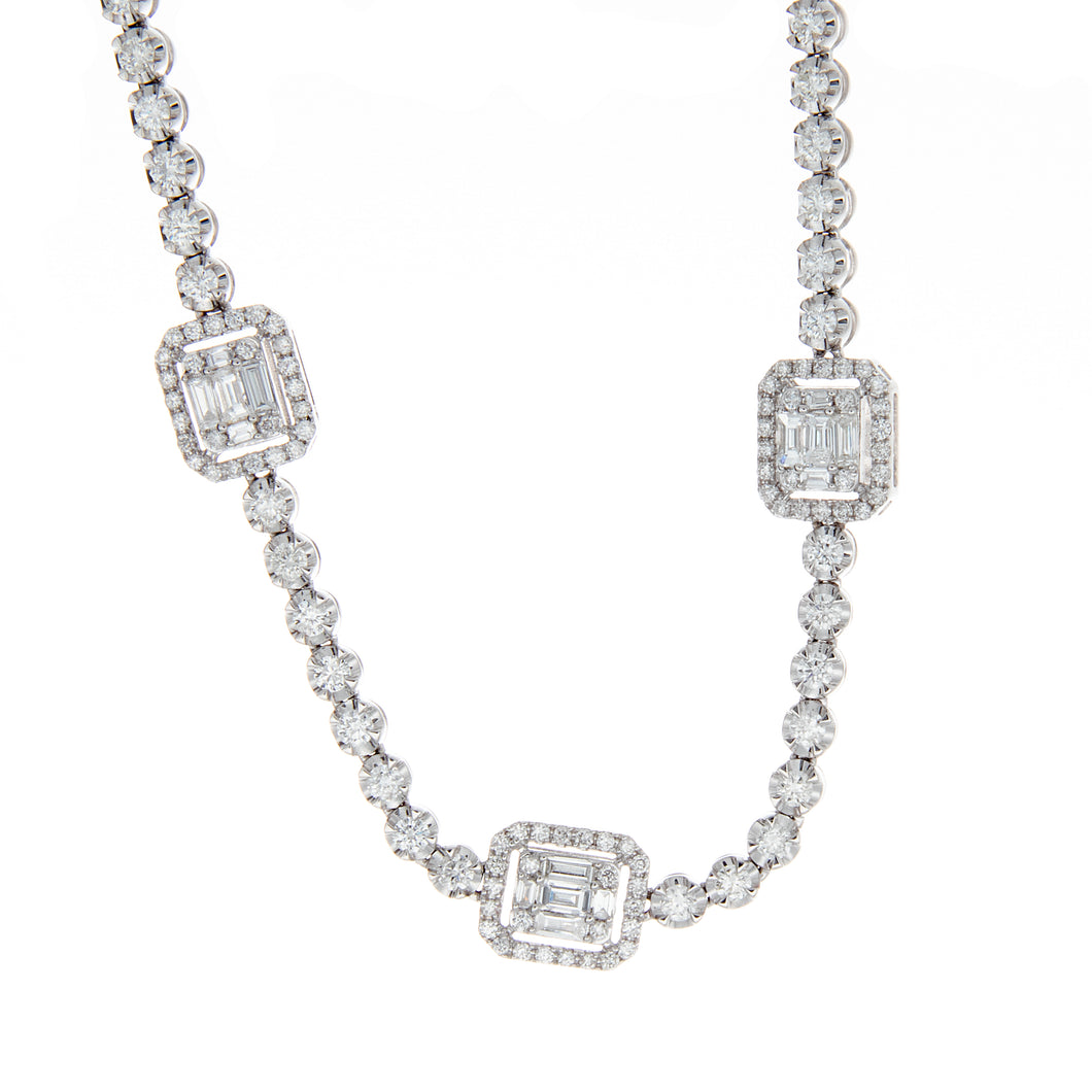 This 18k white gold necklace features bezel and pave set diamonds a...
