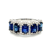 18KT White Gold Emerald Cut Blue Sapphire & Pave Set Round Brilliant Cut Diamond Ring