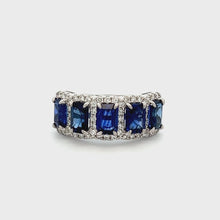 18KT White Gold Emerald Cut Blue Sapphire & Pave Set Round Brilliant Cut Diamond Ring