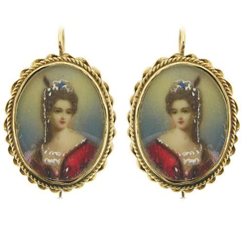 These earrings feature an intricate painted portrait.