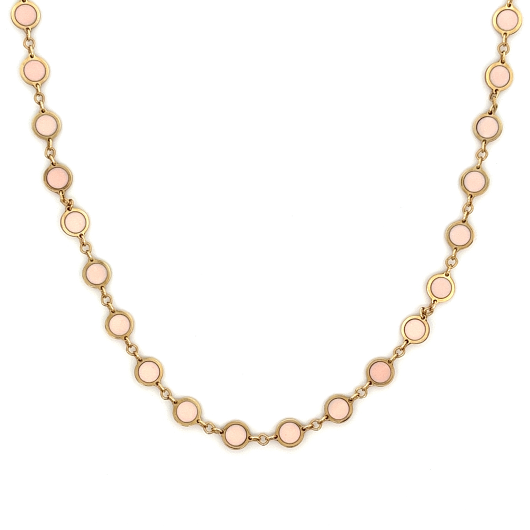 This 14k yellow gold necklace features pink opals around the whole ...