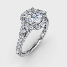 Fana Three-Stone Diamond Halo Engagement Ring With Pear-Shape Side Stones