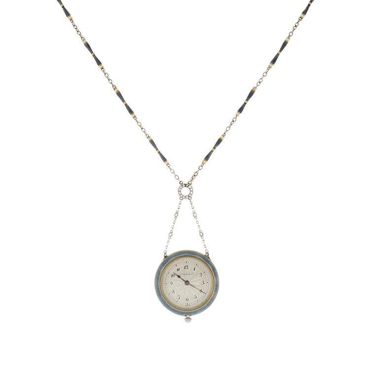 This vintage Tiffany & Co. watch is in platinum and blue enamel.