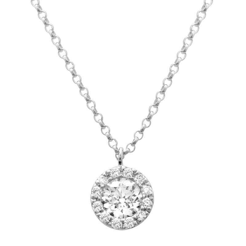 This necklace features a cluster of round brilliant cut diamonds th...