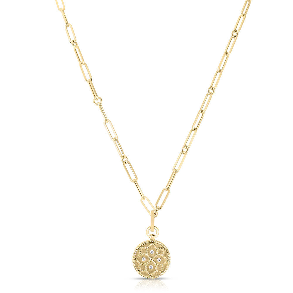 18k yellow gold paperlink chain with venetian princess pendant. Fea...