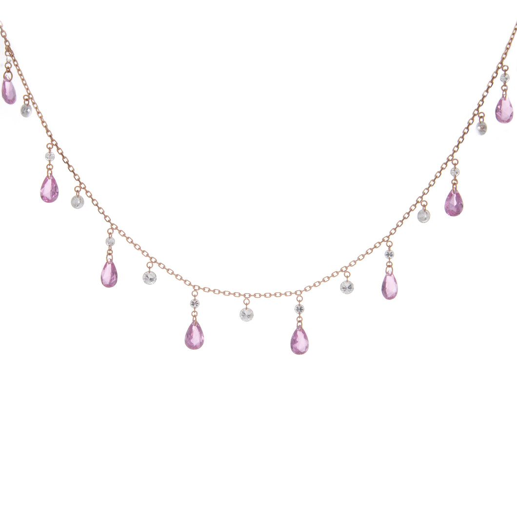 This rose gold necklace features pink sapphire pear shape drops tot...