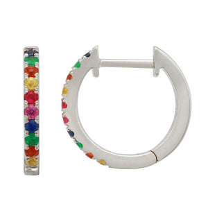 These hoop earrings feature multi colored gems.
