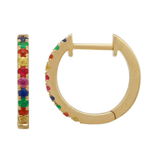These hoop earrings feature multi colored gems.
